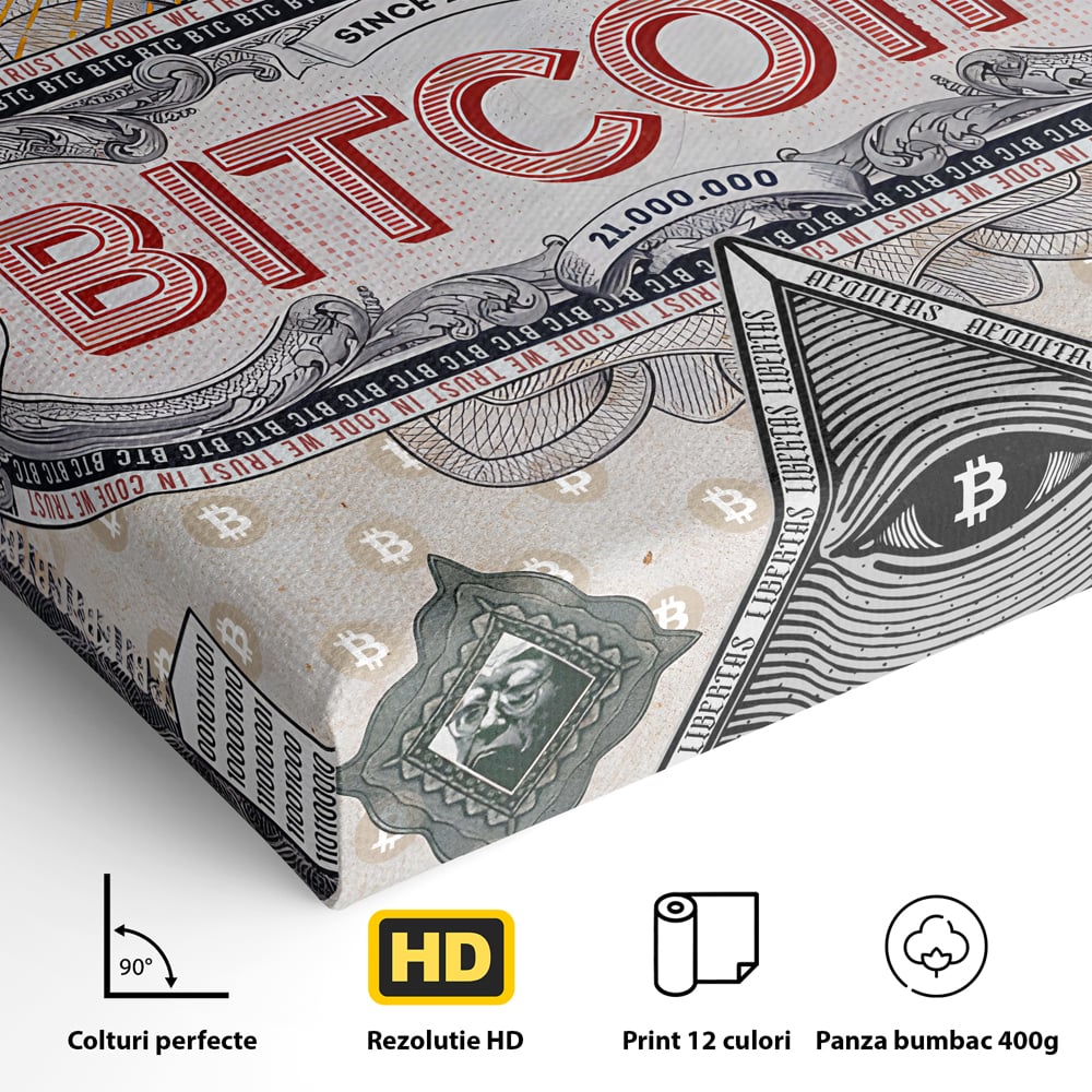 Detaliu al suprafetei: ilustratie digitala cu tema bitcoin si criptomonede, fara rama, pe sasiu de lemn
