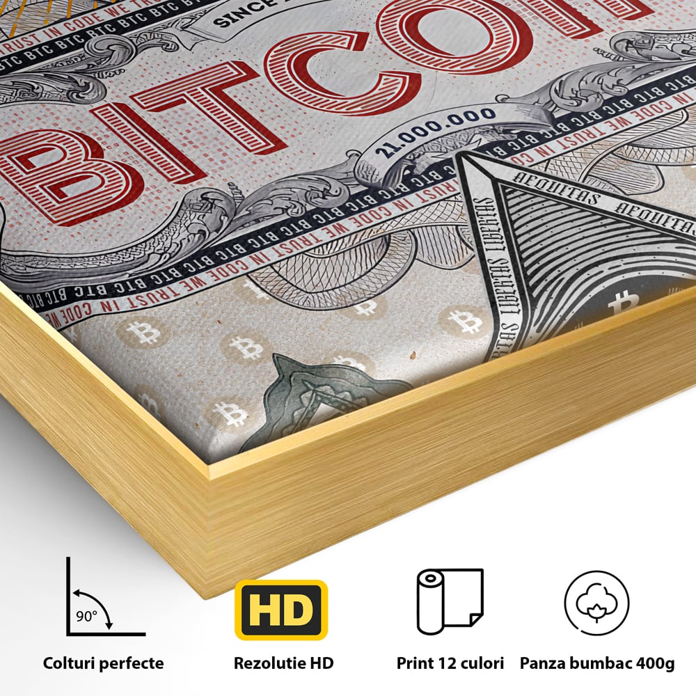 Detaliu al suprafetei: ilustratie digitala cu tema bitcoin si criptomonede, in rama de aluminiu auriu