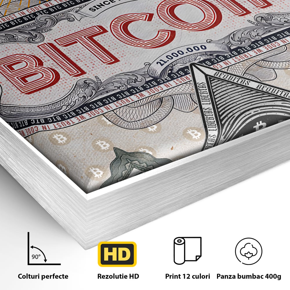 Detaliu al suprafetei: ilustratie digitala cu tema bitcoin si criptomonede, in rama de aluminiu argintiu