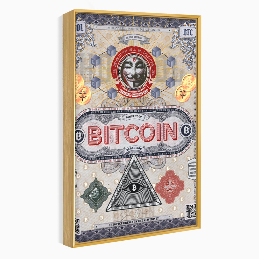 Tablou canvas cu ilustratie digitala cu tema bitcoin si criptomonede, in rama de aluminiu auriu
