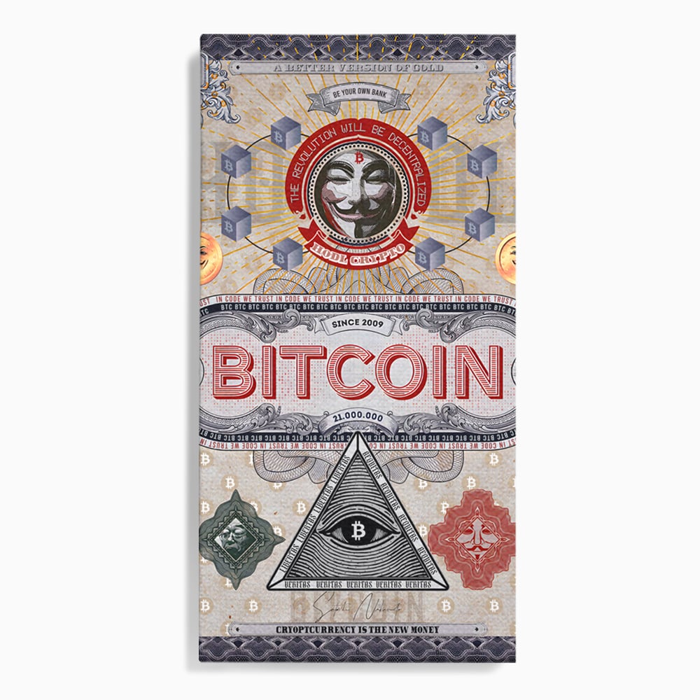 Tablou canvas cu ilustratie digitala cu tema bitcoin si criptomonede, fara rama, pe sasiu de lemn