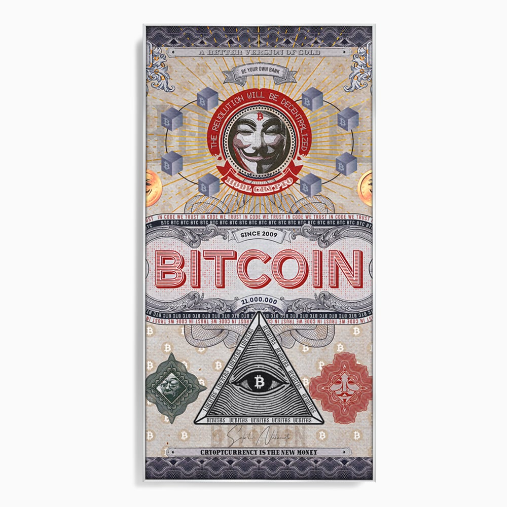 Tablou canvas cu ilustratie digitala cu tema bitcoin si criptomonede, in rama de aluminiu argintiu