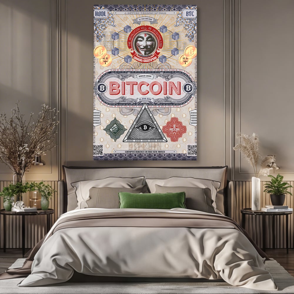 Tablou canvas cu ilustratie digitala cu tema bitcoin si criptomonede, fara rama, pe sasiu de lemn, pe perete intr-un dormitor