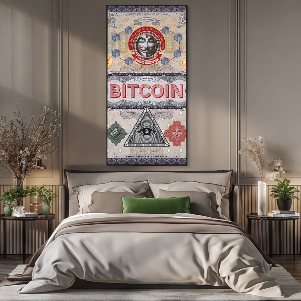 Tablou canvas cu ilustratie digitala cu tema bitcoin si criptomonede, in rama de aluminiu negru, pe perete intr-un dormitor
