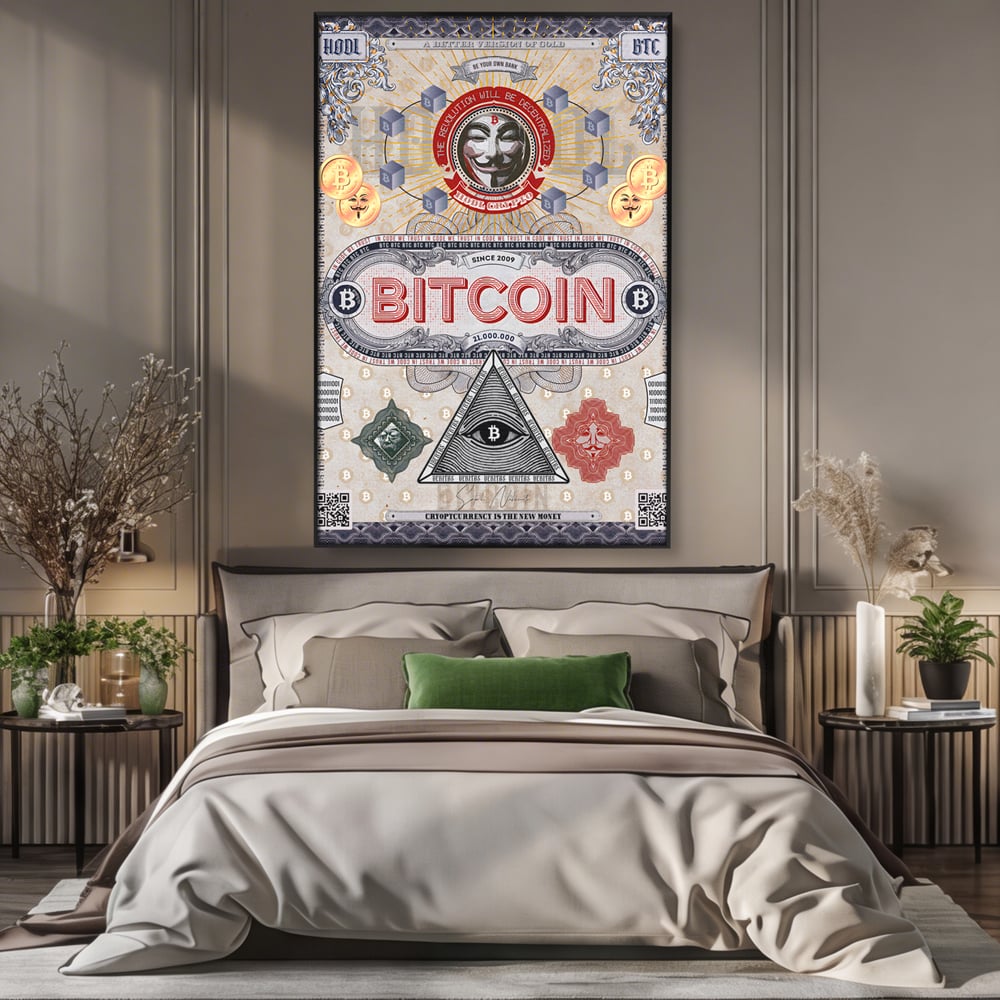 Tablou canvas cu ilustratie digitala cu tema bitcoin si criptomonede, in rama de aluminiu negru, pe perete intr-un dormitor