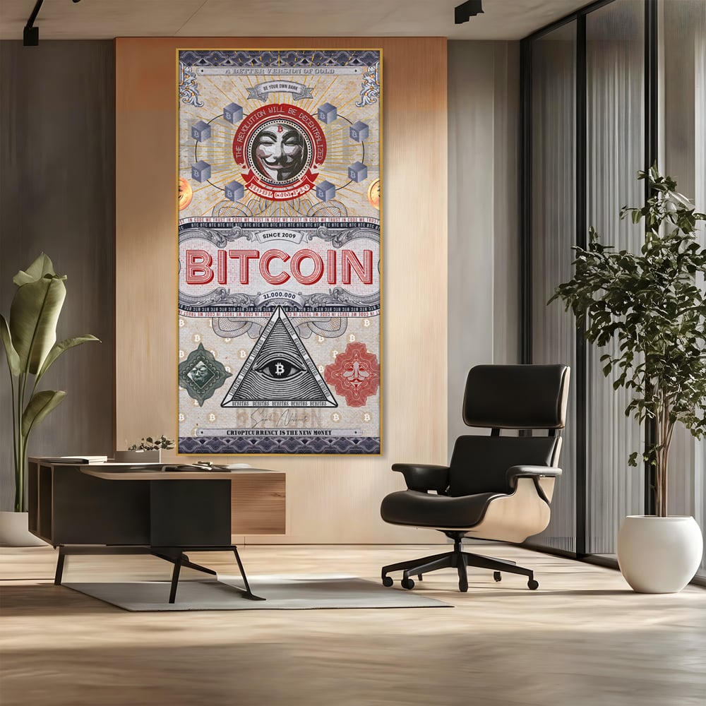 Tablou canvas cu ilustratie digitala cu tema bitcoin si criptomonede, in rama de aluminiu auriu, pe perete intr-un birou