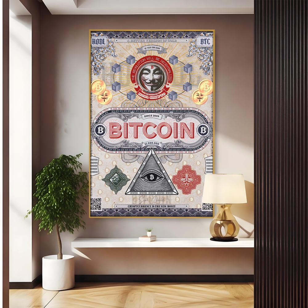 Tablou canvas cu ilustratie digitala cu tema bitcoin si criptomonede, in rama de aluminiu auriu