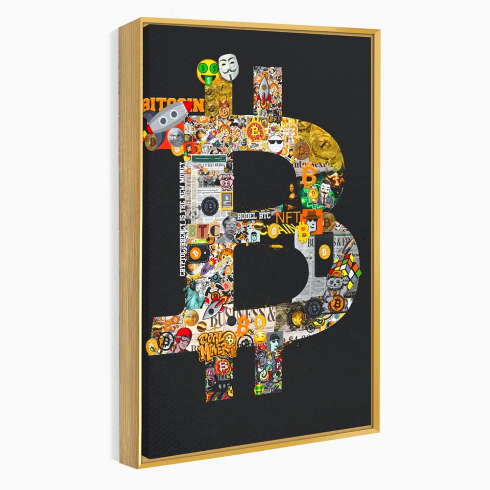 Tablou canvas cu tablou canvas cu simbolul bitcoin din colaje, in rama de aluminiu auriu