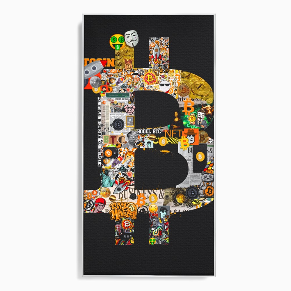 Tablou canvas cu tablou canvas cu simbolul bitcoin din colaje, in rama de aluminiu argintiu