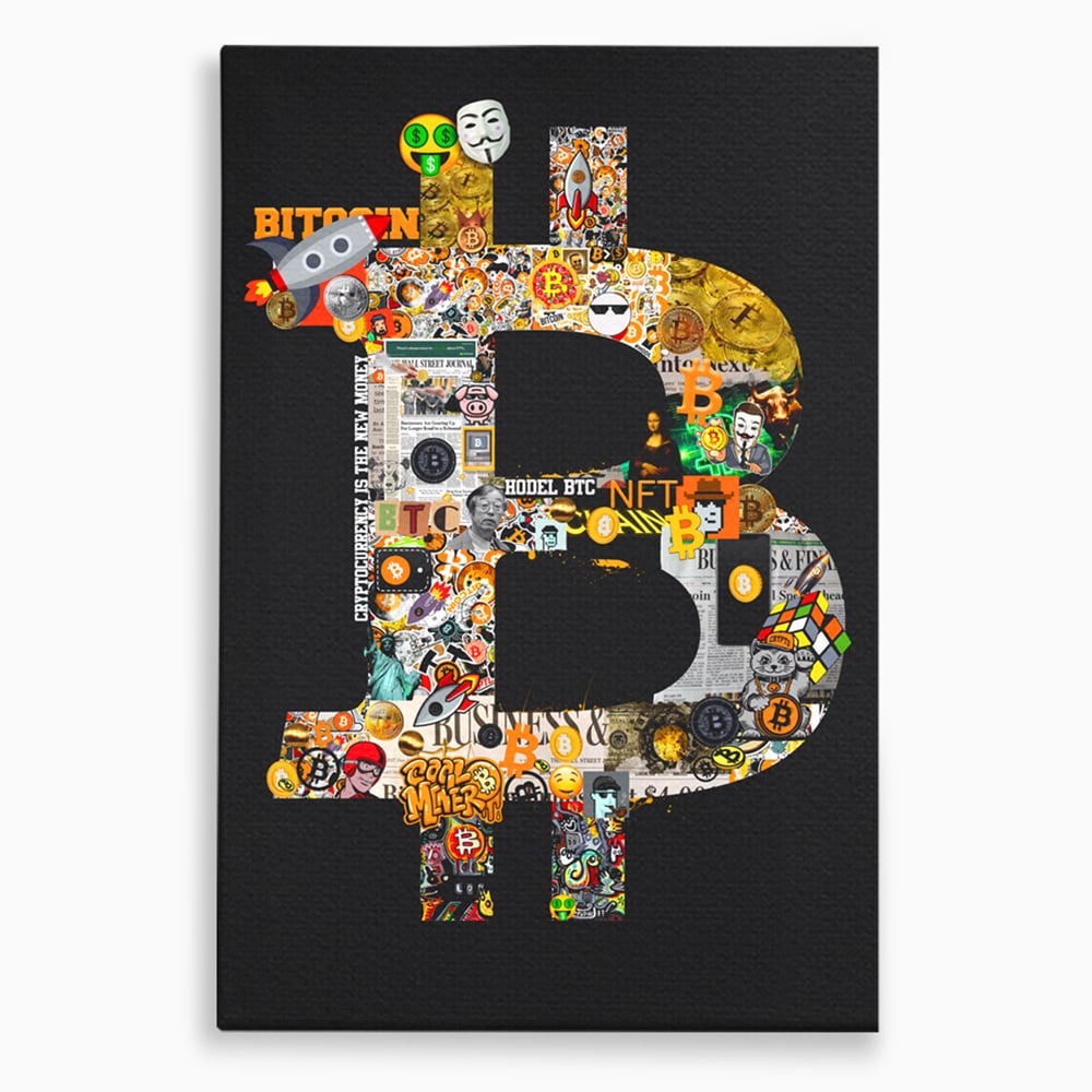 Tablou canvas cu tablou canvas cu simbolul bitcoin din colaje, fara rama, pe sasiu de lemn