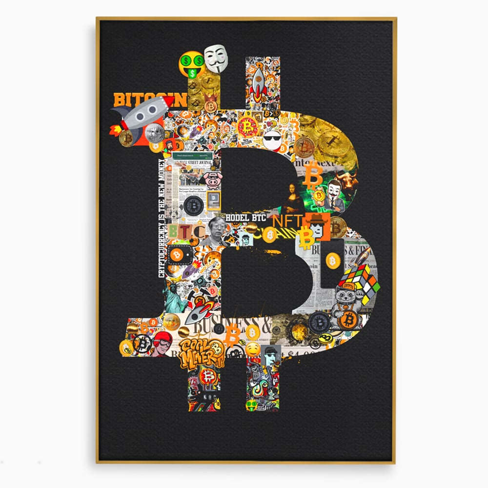 Tablou canvas cu tablou canvas cu simbolul bitcoin din colaje, in rama de aluminiu auriu