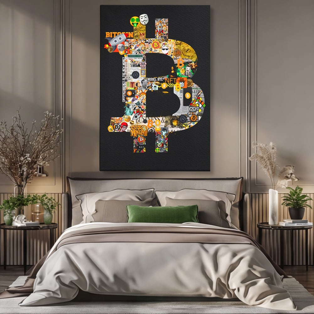Tablou canvas cu tablou canvas cu simbolul bitcoin din colaje, fara rama, pe sasiu de lemn, pe perete intr-un dormitor