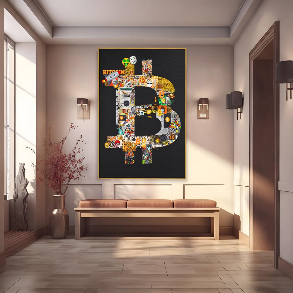 Tablou canvas cu tablou canvas cu simbolul bitcoin din colaje, in rama de aluminiu auriu