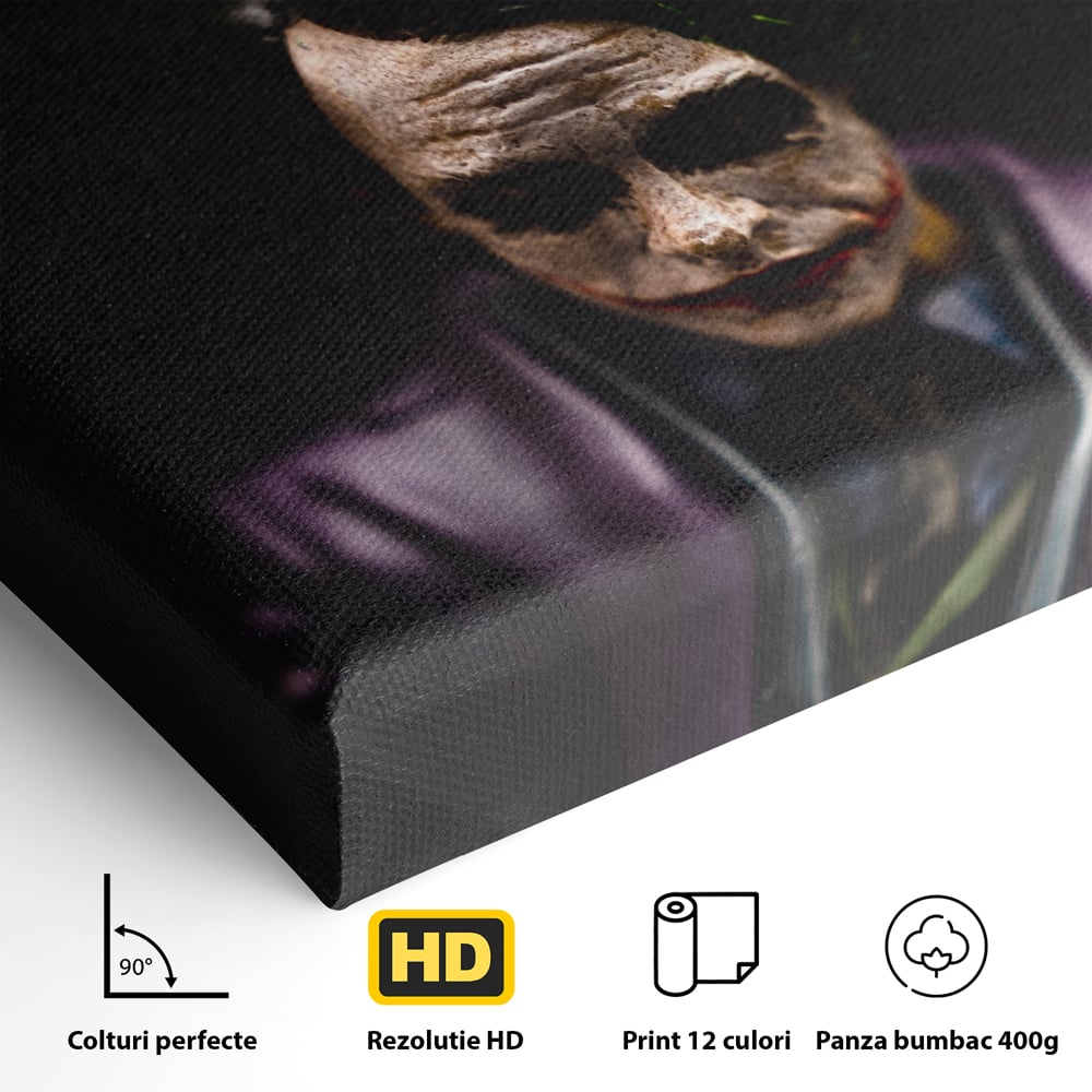 Detaliu al suprafetei: tablou canvas cu joker si mesaj motivational, fara rama, pe sasiu de lemn