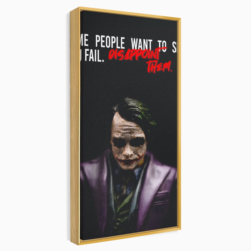 Tablou canvas cu tablou canvas cu joker si mesaj motivational, in rama de aluminiu auriu