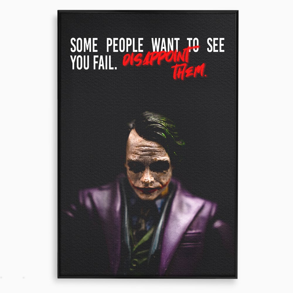 Tablou canvas cu tablou canvas cu joker si mesaj motivational, in rama de aluminiu negru