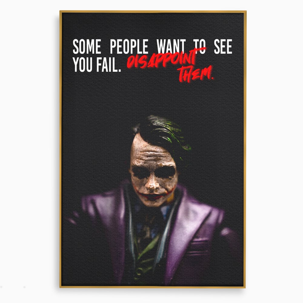 Tablou canvas cu tablou canvas cu joker si mesaj motivational, in rama de aluminiu auriu