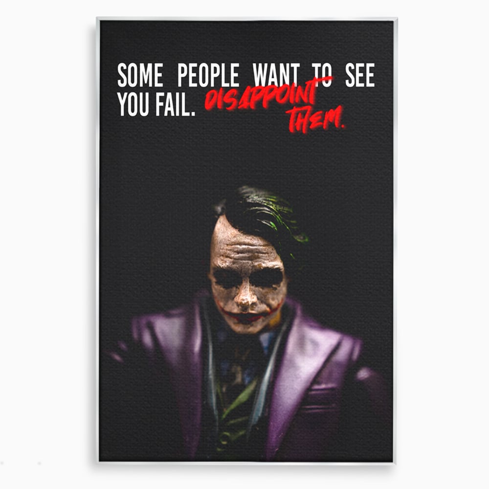 Tablou canvas cu tablou canvas cu joker si mesaj motivational, in rama de aluminiu argintiu