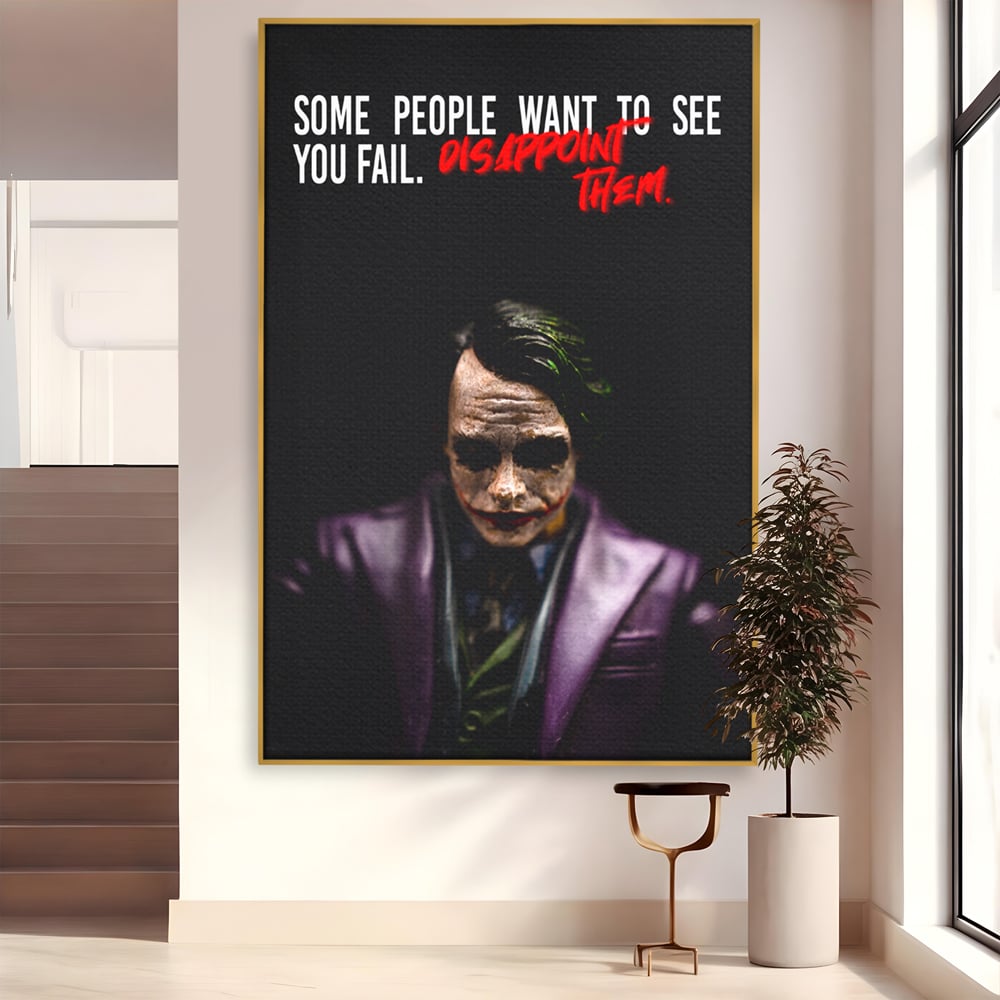Tablou canvas cu tablou canvas cu joker si mesaj motivational, in rama de aluminiu auriu