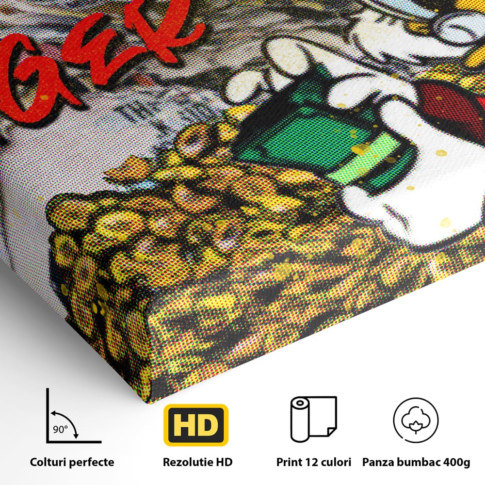 Detaliu al suprafetei: tablou canvas cu scrooge mcduck si bani, fara rama, pe sasiu de lemn