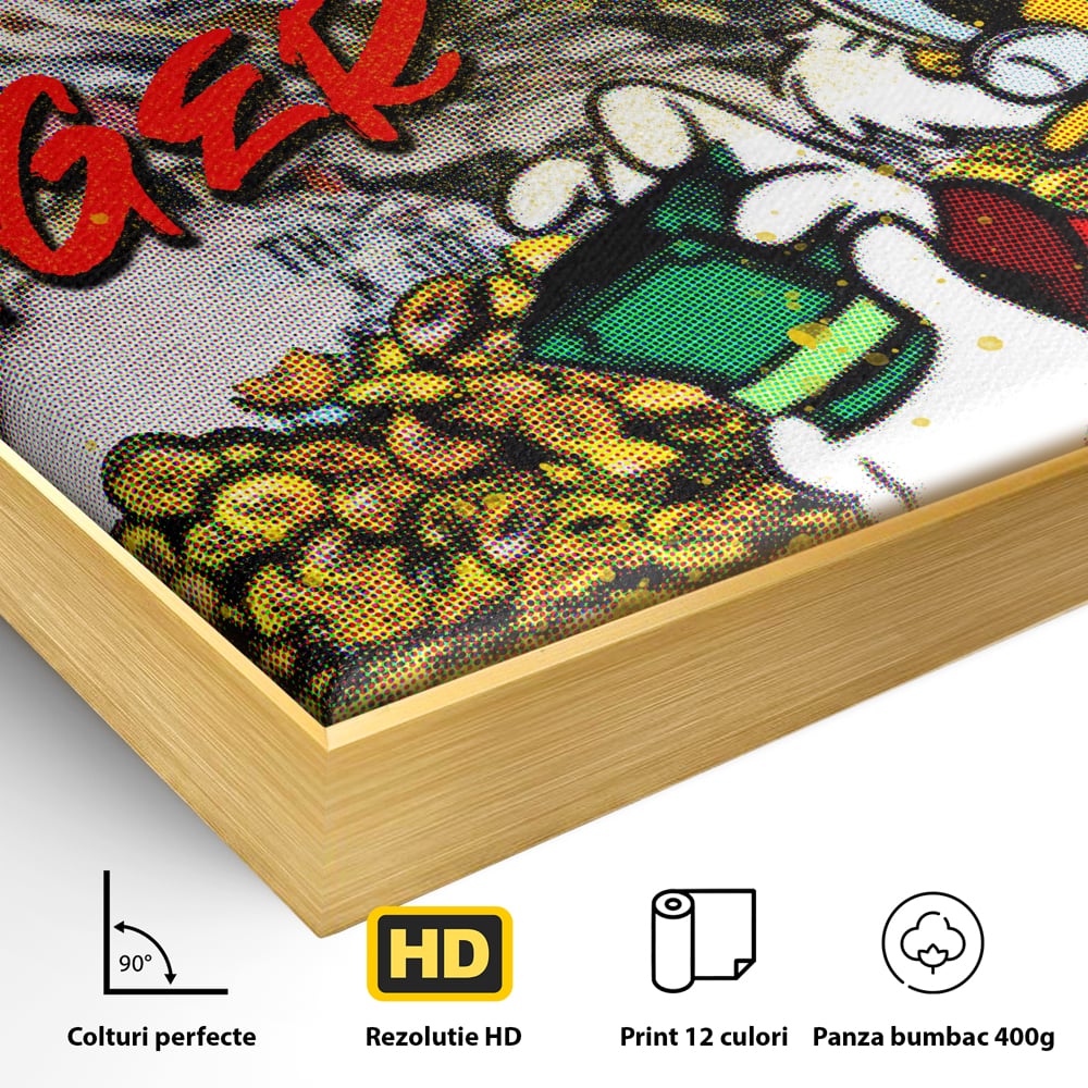 Detaliu al suprafetei: tablou canvas cu scrooge mcduck si bani, in rama de aluminiu auriu