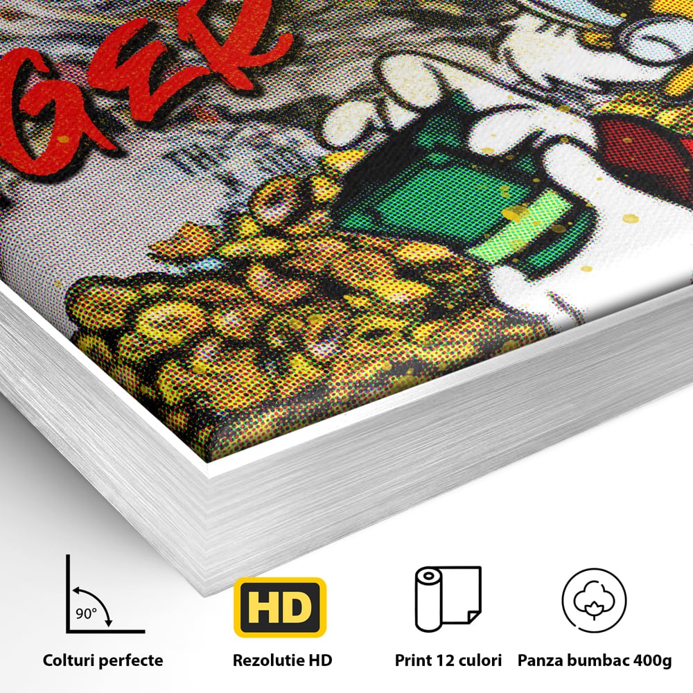 Detaliu al suprafetei: tablou canvas cu scrooge mcduck si bani, in rama de aluminiu argintiu