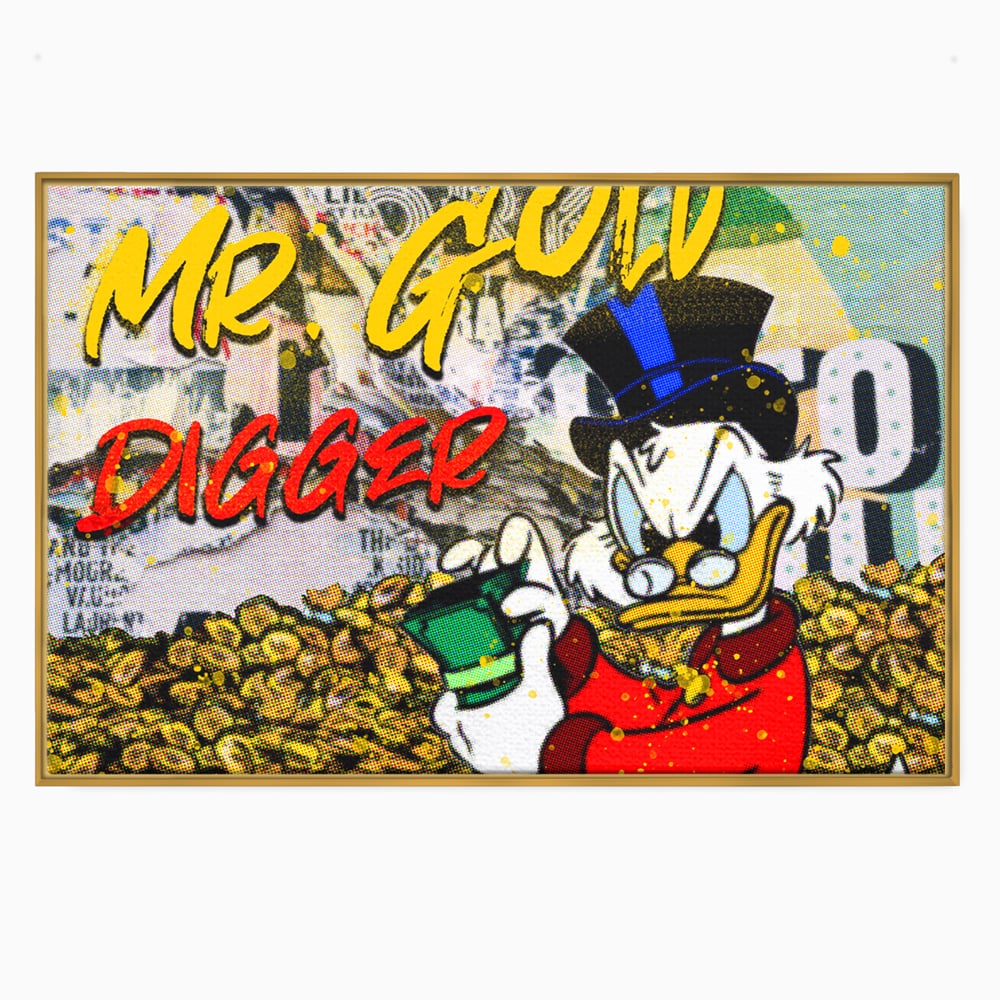 Tablou canvas cu tablou canvas cu scrooge mcduck si bani, in rama de aluminiu auriu