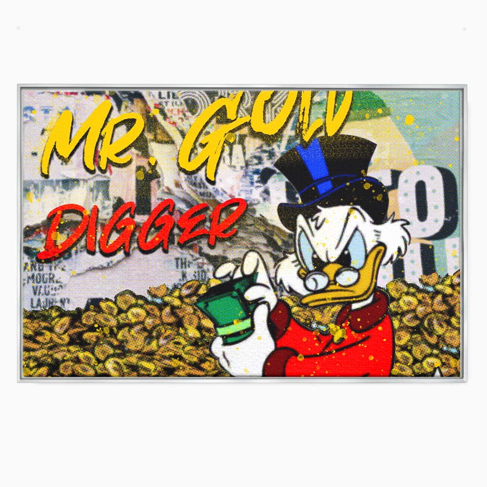 Tablou canvas cu tablou canvas cu scrooge mcduck si bani, in rama de aluminiu argintiu