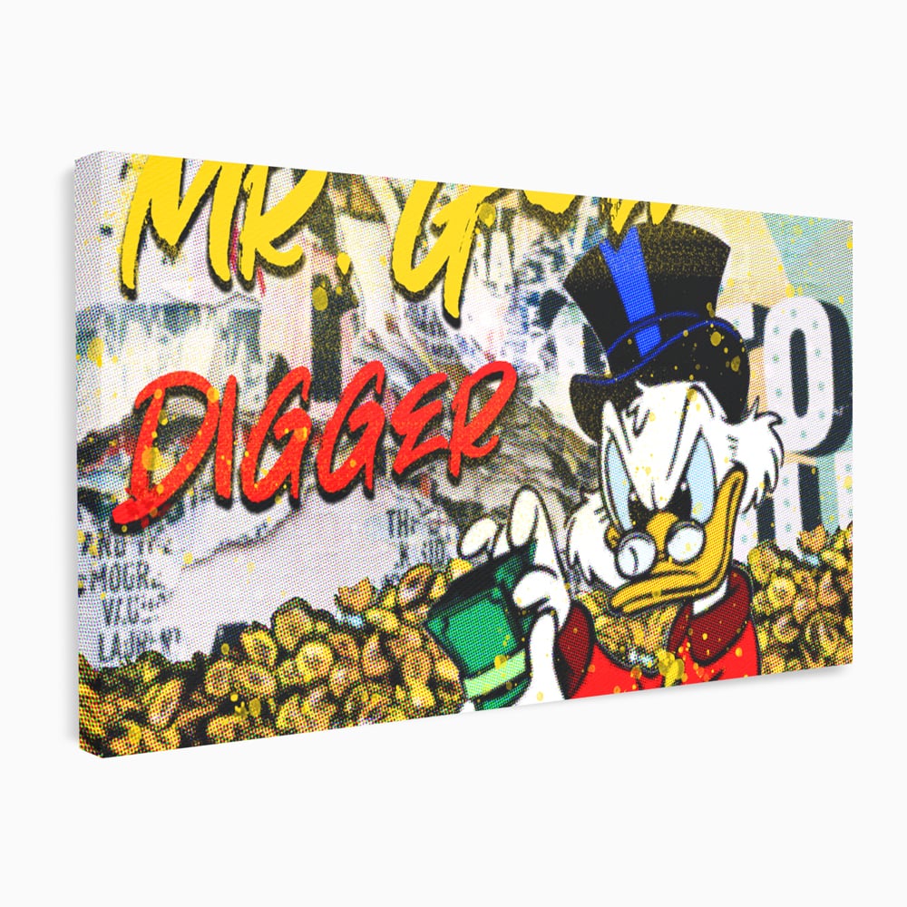 Tablou canvas cu tablou canvas cu scrooge mcduck si bani, fara rama, pe sasiu de lemn