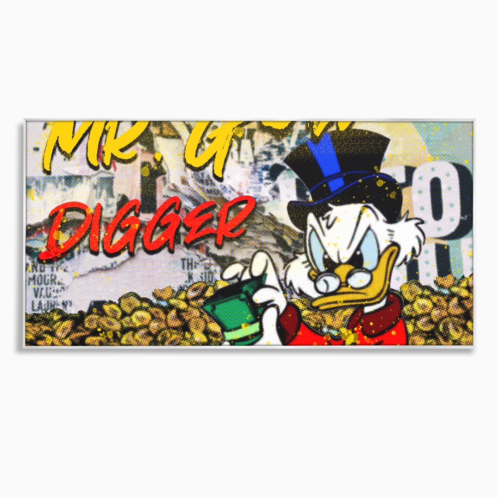 Tablou canvas cu tablou canvas cu scrooge mcduck si bani, in rama de aluminiu argintiu
