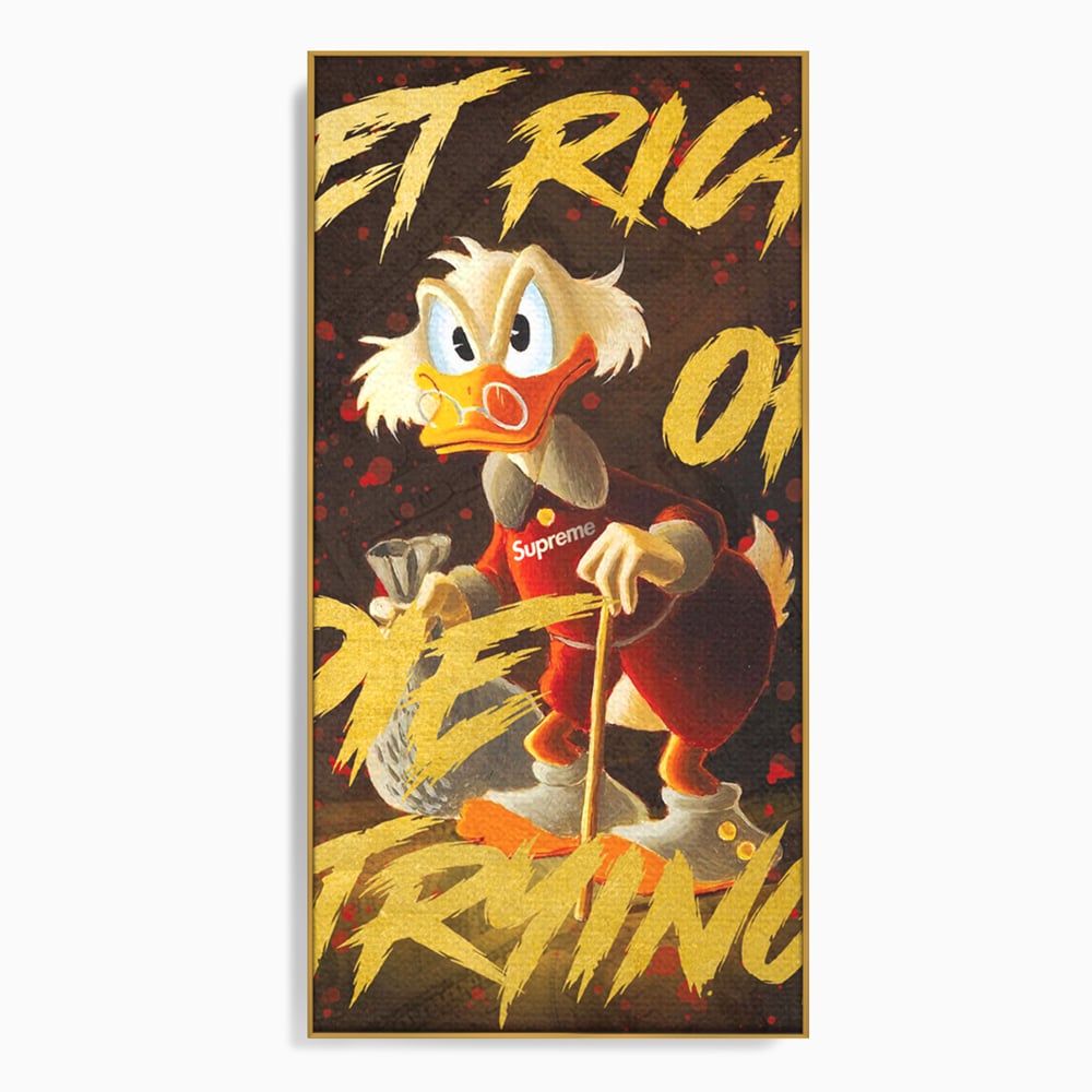 Tablou canvas cu tablou canvas cu scrooge mcduck, in rama de aluminiu auriu
