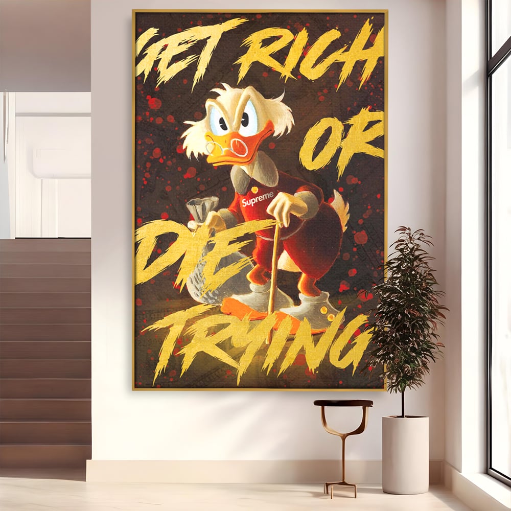 Tablou canvas cu tablou canvas cu scrooge mcduck, in rama de aluminiu auriu