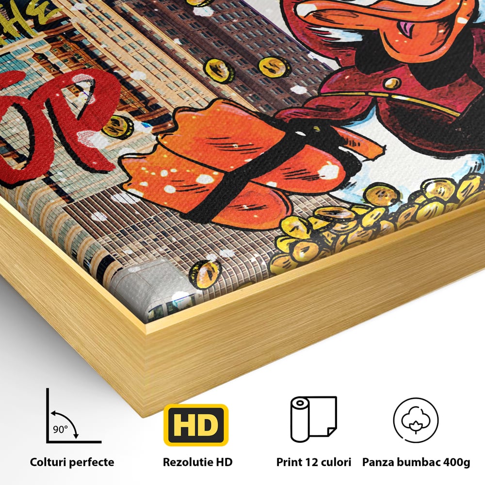 Detaliu al suprafetei: tablou canvas cu scrooge mcduck pe munte de bani, in rama de aluminiu auriu