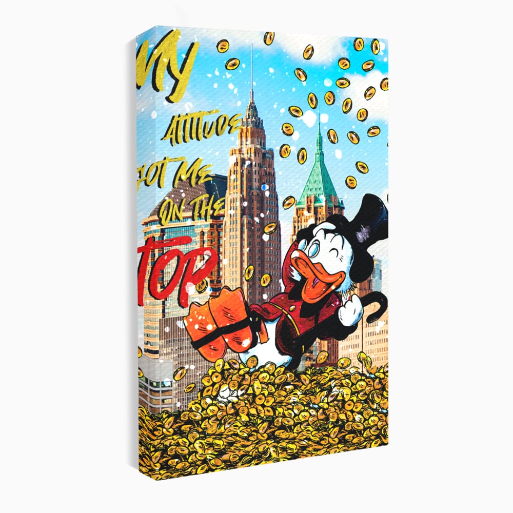 Tablou canvas cu tablou canvas cu scrooge mcduck pe munte de bani, fara rama, pe sasiu de lemn