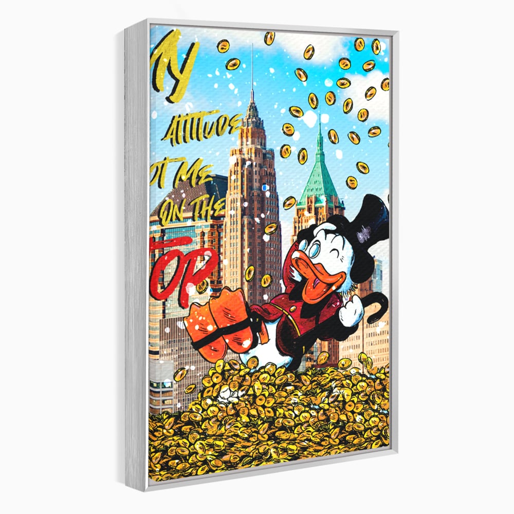 Tablou canvas cu tablou canvas cu scrooge mcduck pe munte de bani, in rama de aluminiu argintiu