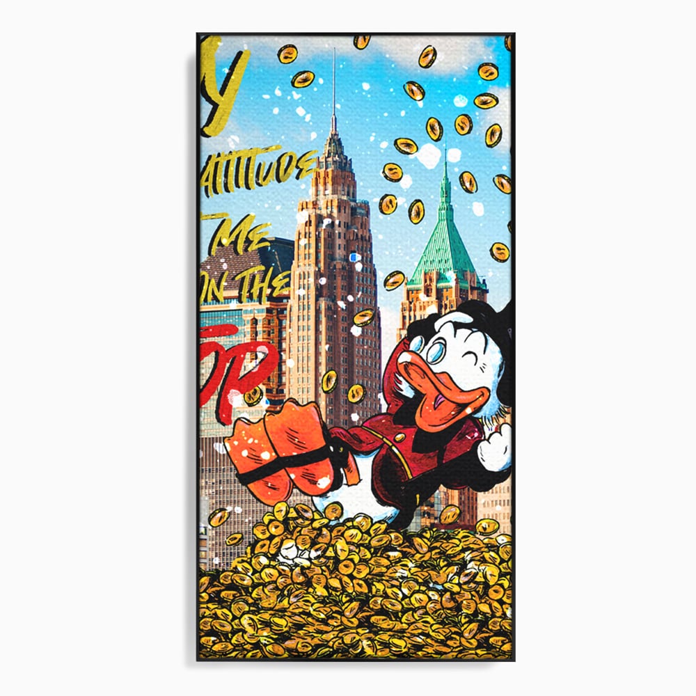 Tablou canvas cu tablou canvas cu scrooge mcduck pe munte de bani, in rama de aluminiu negru
