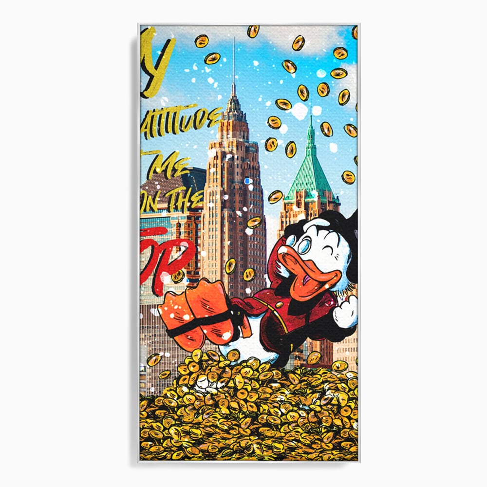 Tablou canvas cu tablou canvas cu scrooge mcduck pe munte de bani, in rama de aluminiu argintiu
