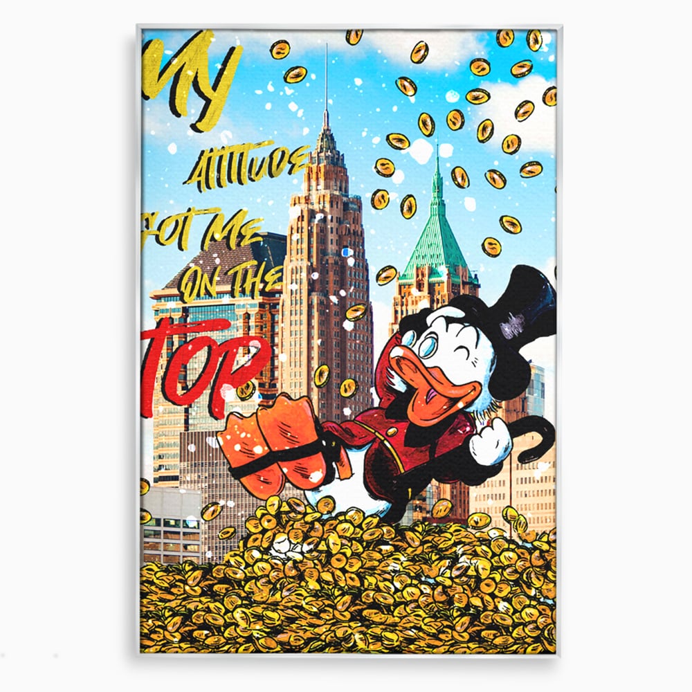 Tablou canvas cu tablou canvas cu scrooge mcduck pe munte de bani, in rama de aluminiu argintiu