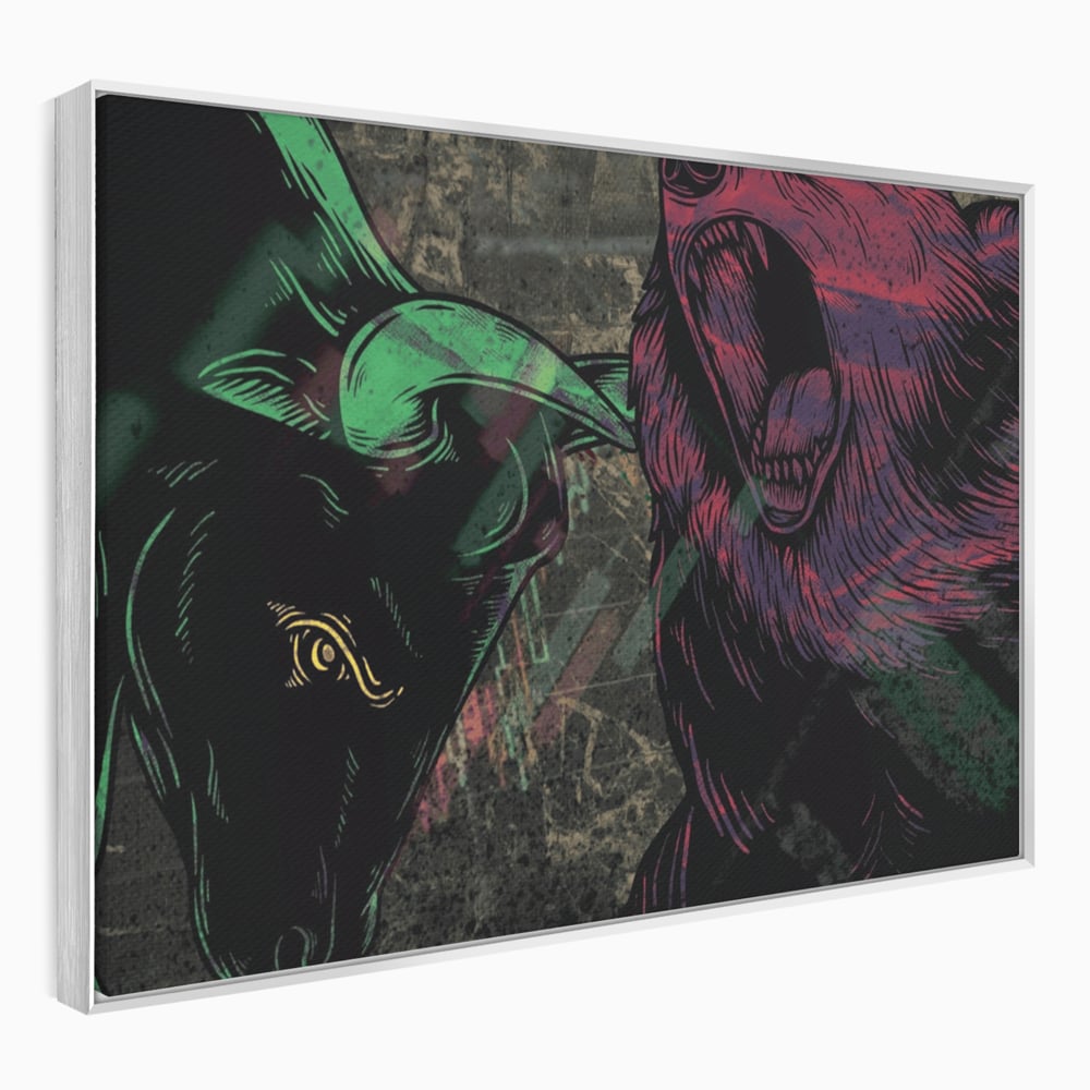 Tablou canvas cu ilustratie digitala cu taur si urs, in rama de aluminiu argintiu