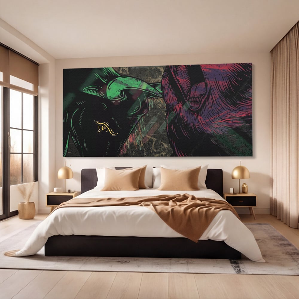 Tablou canvas cu ilustratie digitala cu taur si urs, fara rama, pe sasiu de lemn, pe perete intr-un dormitor