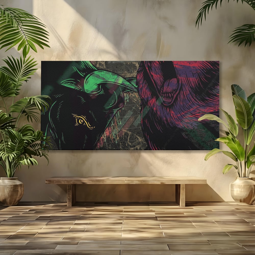 Tablou canvas cu ilustratie digitala cu taur si urs, fara rama, pe sasiu de lemn