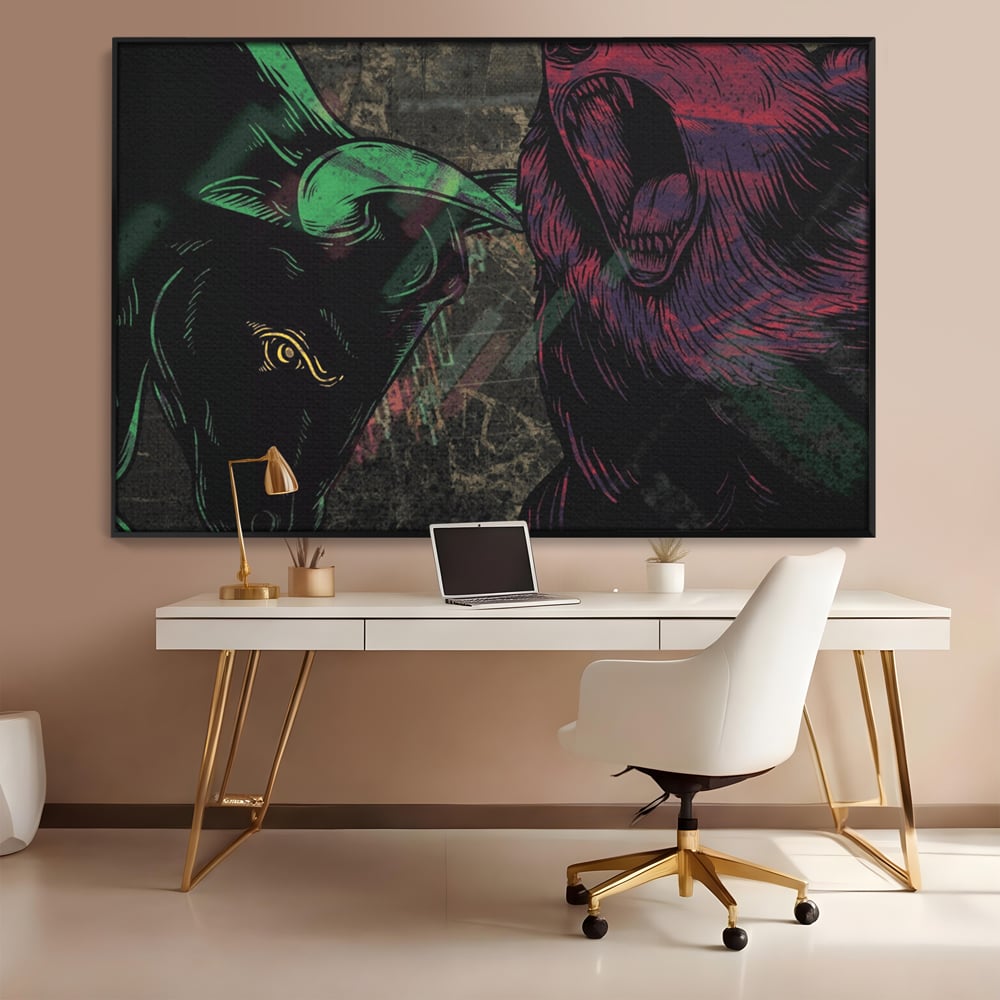 Tablou canvas cu ilustratie digitala cu taur si urs, in rama de aluminiu negru, pe perete intr-un birou