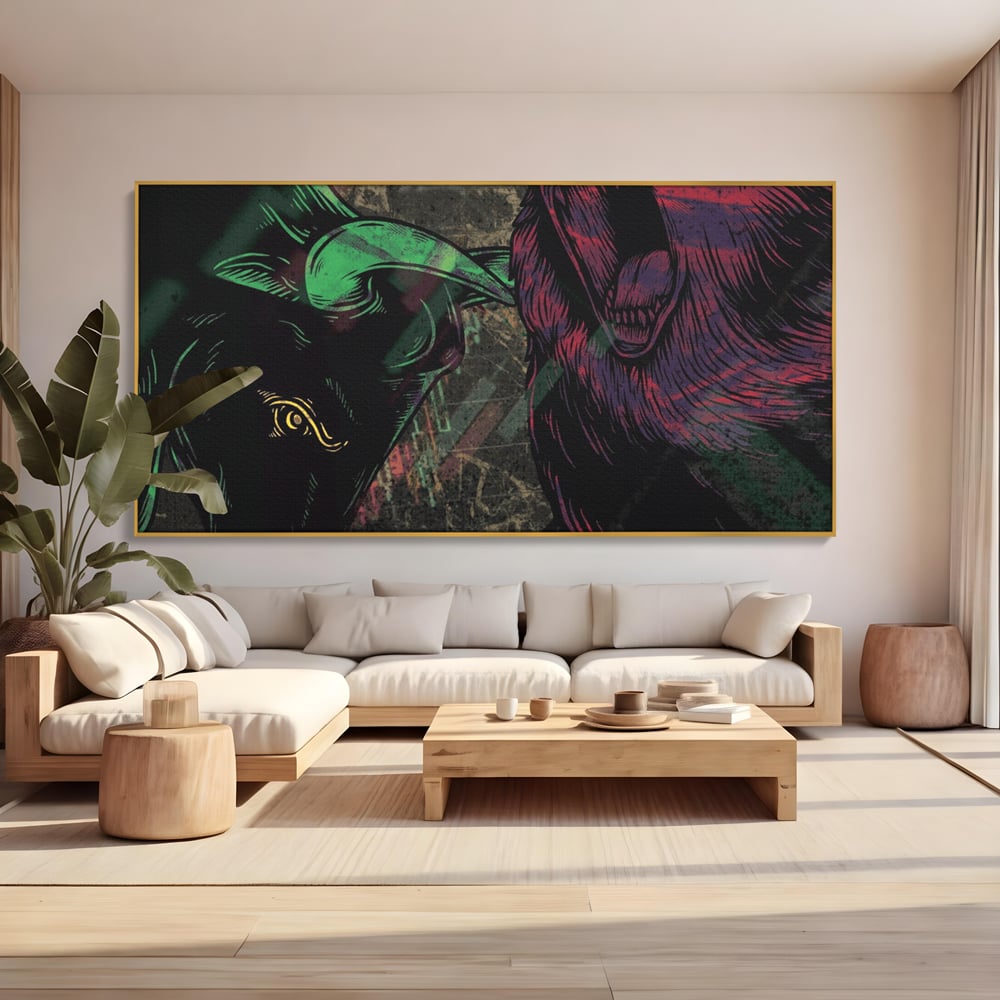 Tablou canvas cu ilustratie digitala cu taur si urs, in rama de aluminiu auriu, pe perete intr-un living