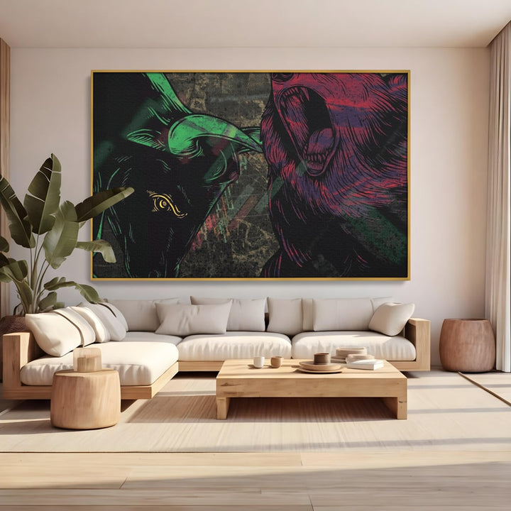 Tablou canvas cu ilustratie digitala cu taur si urs, in rama de aluminiu auriu, pe perete intr-un living