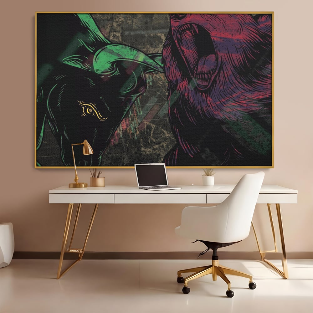 Tablou canvas cu ilustratie digitala cu taur si urs, in rama de aluminiu auriu, pe perete intr-un birou