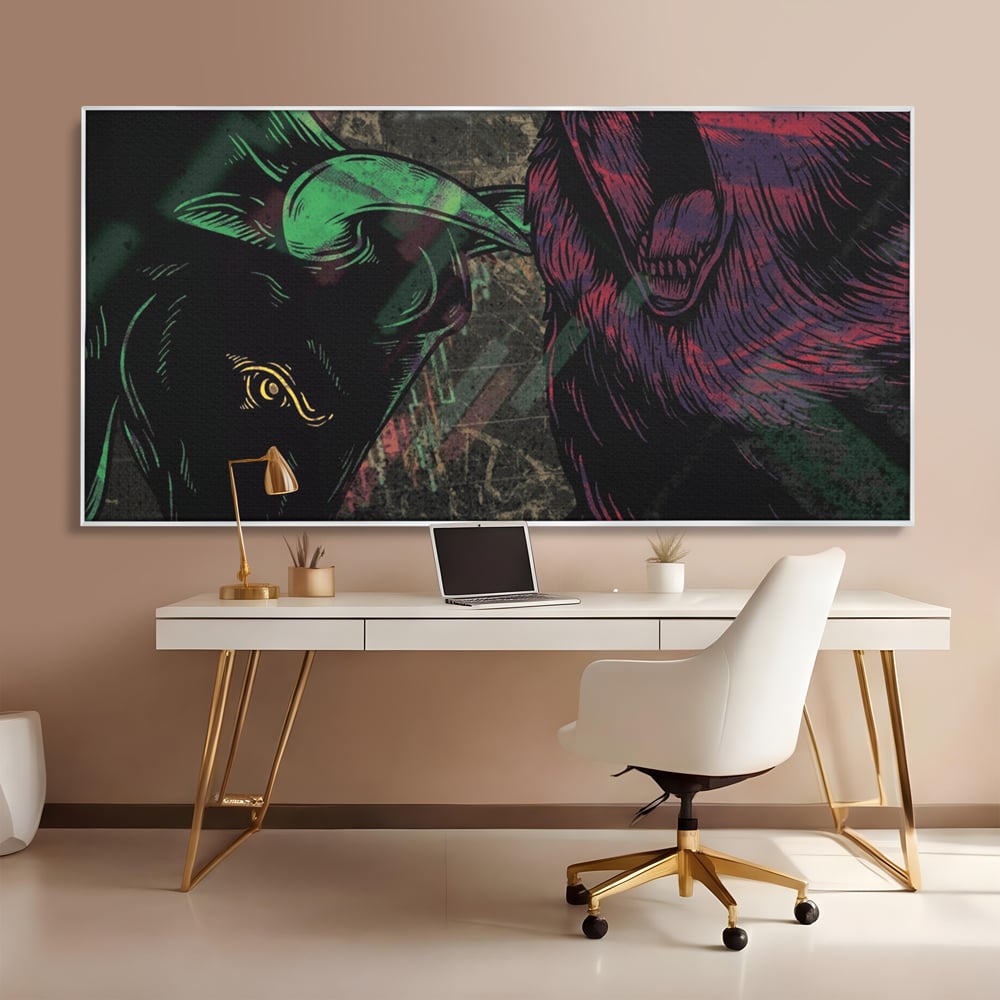 Tablou canvas cu ilustratie digitala cu taur si urs, in rama de aluminiu argintiu, pe perete intr-un birou