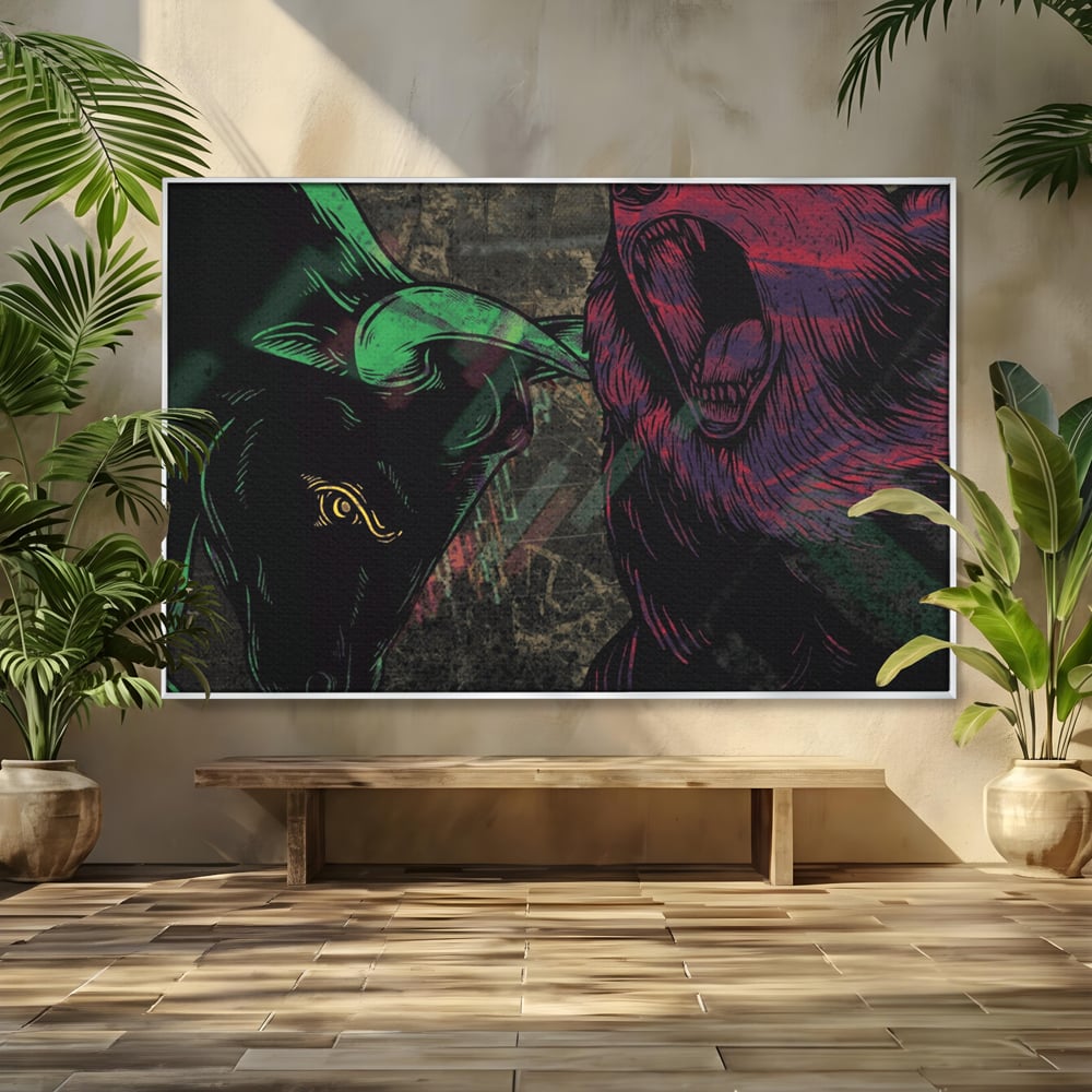 Tablou canvas cu ilustratie digitala cu taur si urs, in rama de aluminiu argintiu