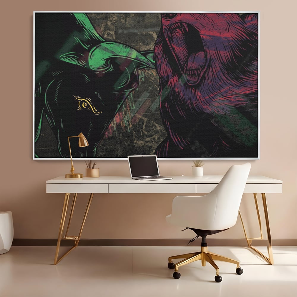 Tablou canvas cu ilustratie digitala cu taur si urs, in rama de aluminiu argintiu, pe perete intr-un birou