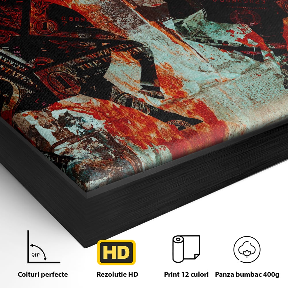 Detaliu al suprafetei: tablou canvas cu tauri din bancnote, in rama de aluminiu negru