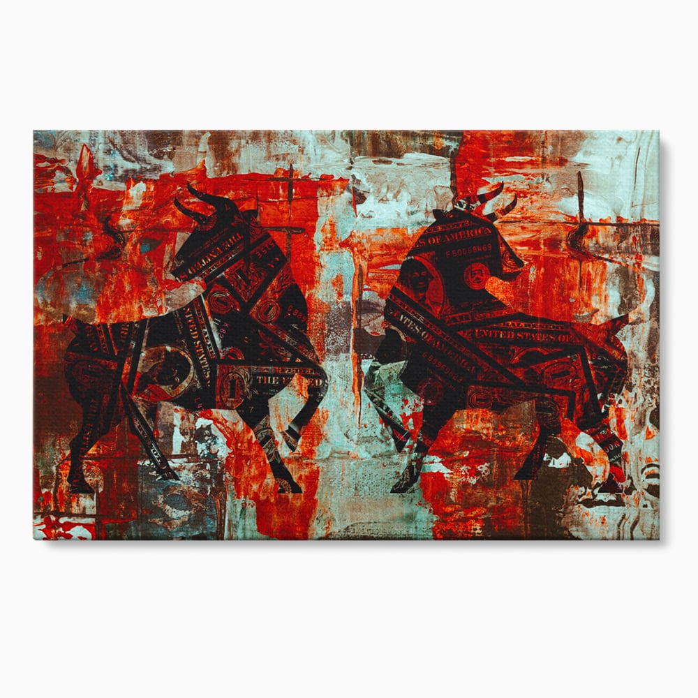 Tablou canvas cu tablou canvas cu tauri din bancnote, fara rama, pe sasiu de lemn